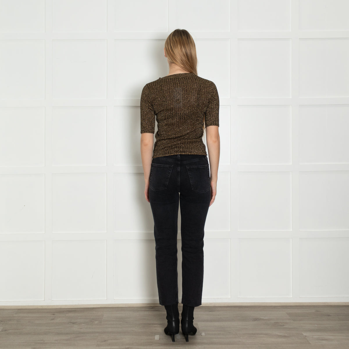 Soeur Brown Gold Lurex Short Sleeved Rib Jumper