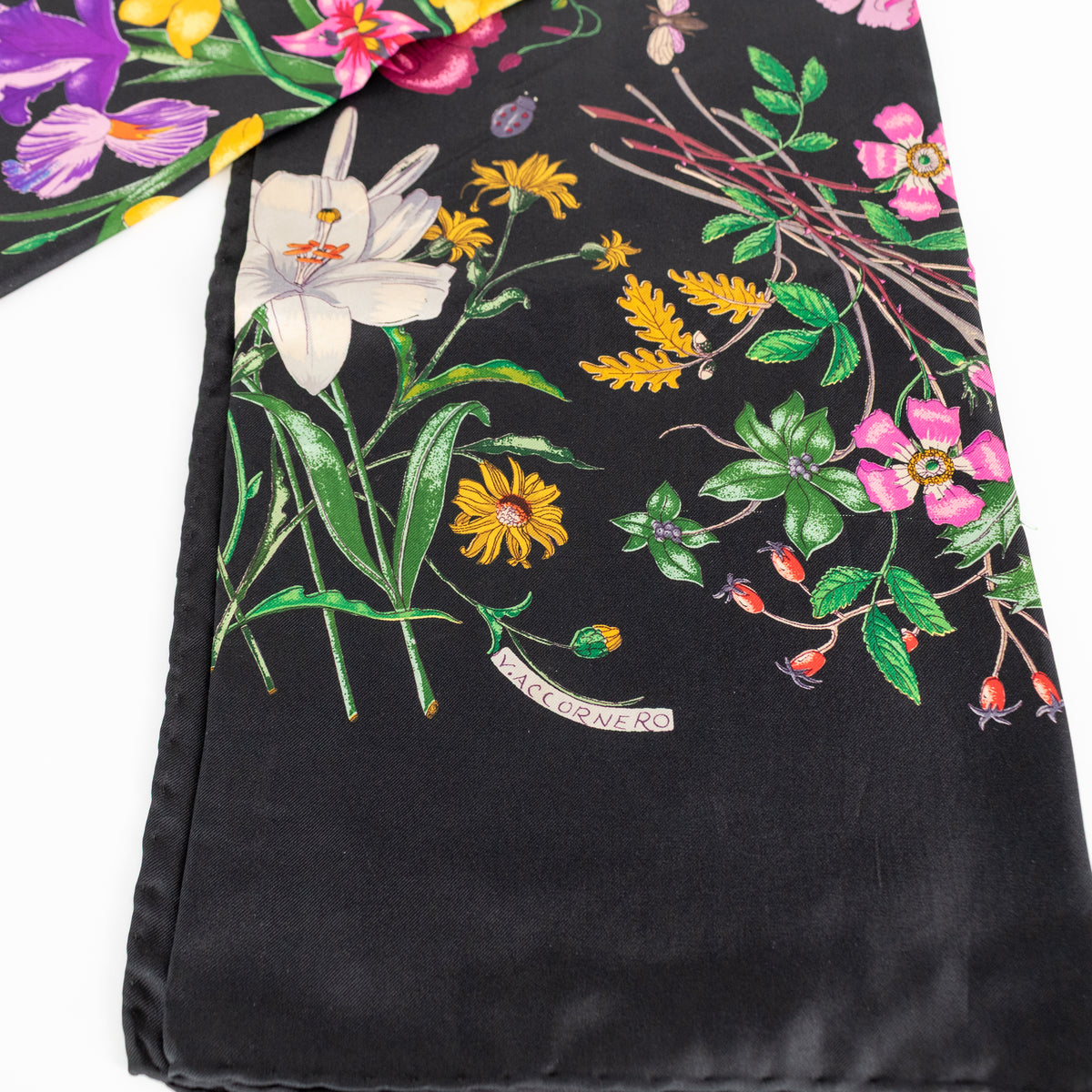 Gucci Black Multi Floral Silk Twill Square Scarf