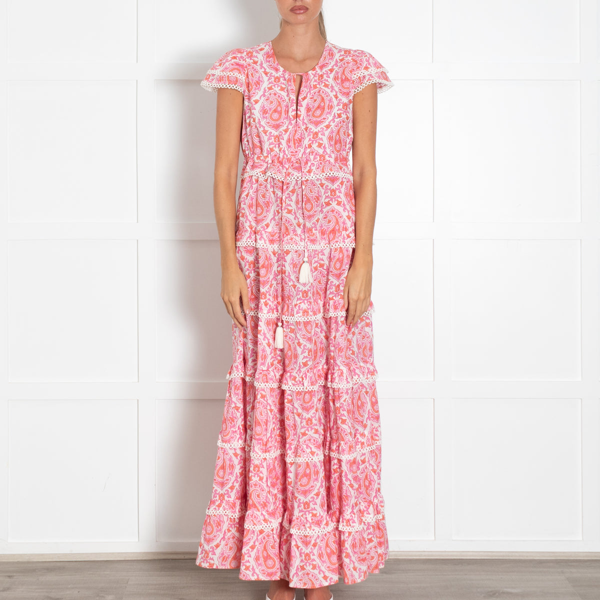 Lexy London White Pink Orange Scallop Trim Maxi Dress