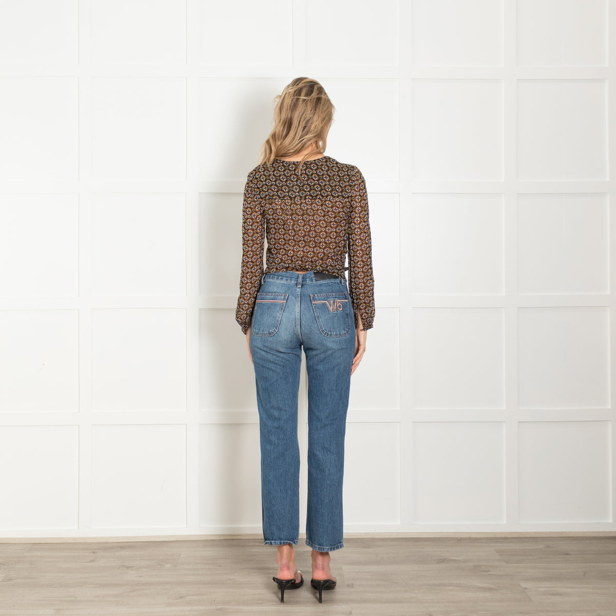 Veronica Beard Black Tan White Print Sheer V-Neck Top