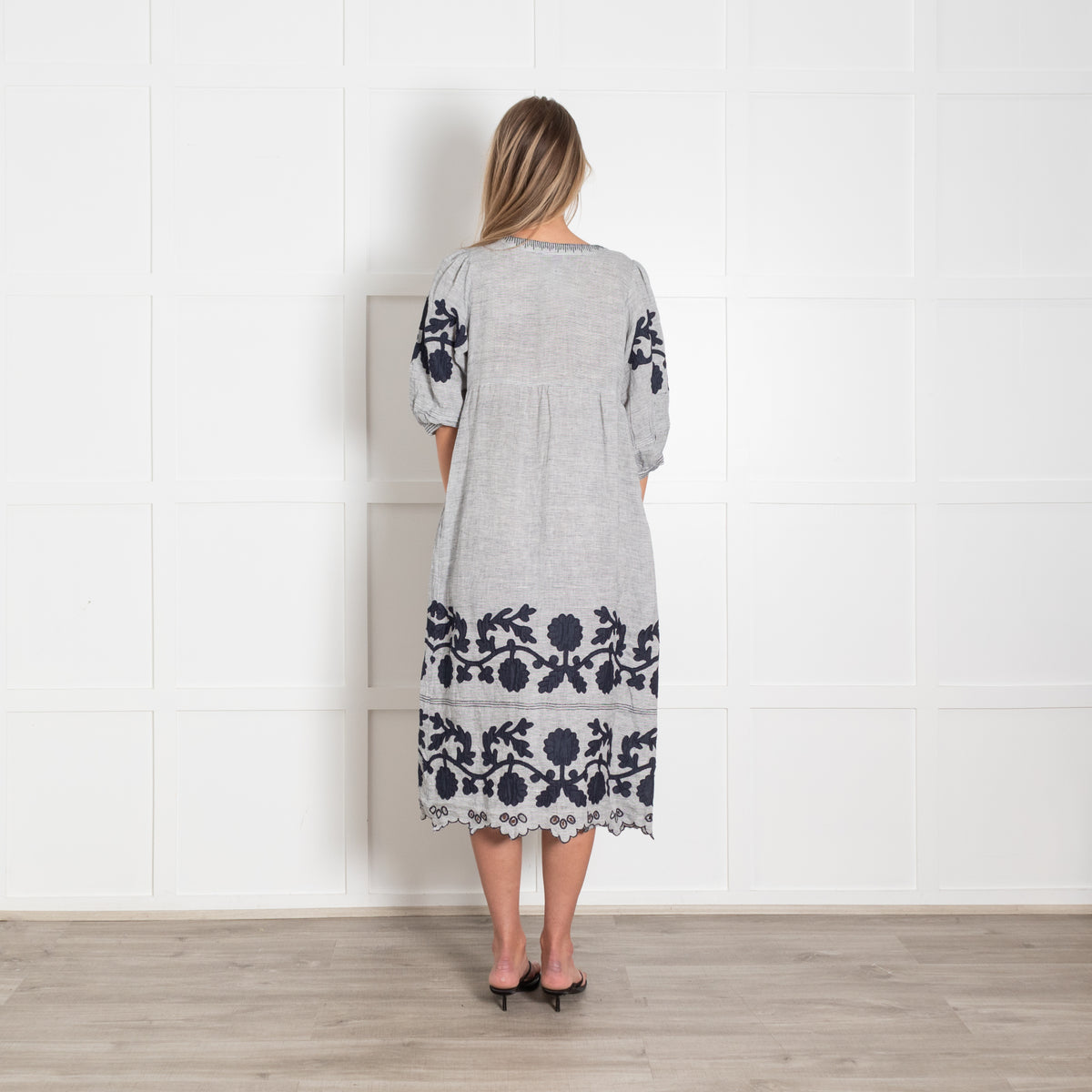 Rose And Rose White Blue Striped Embroidered Linen Midi Dress