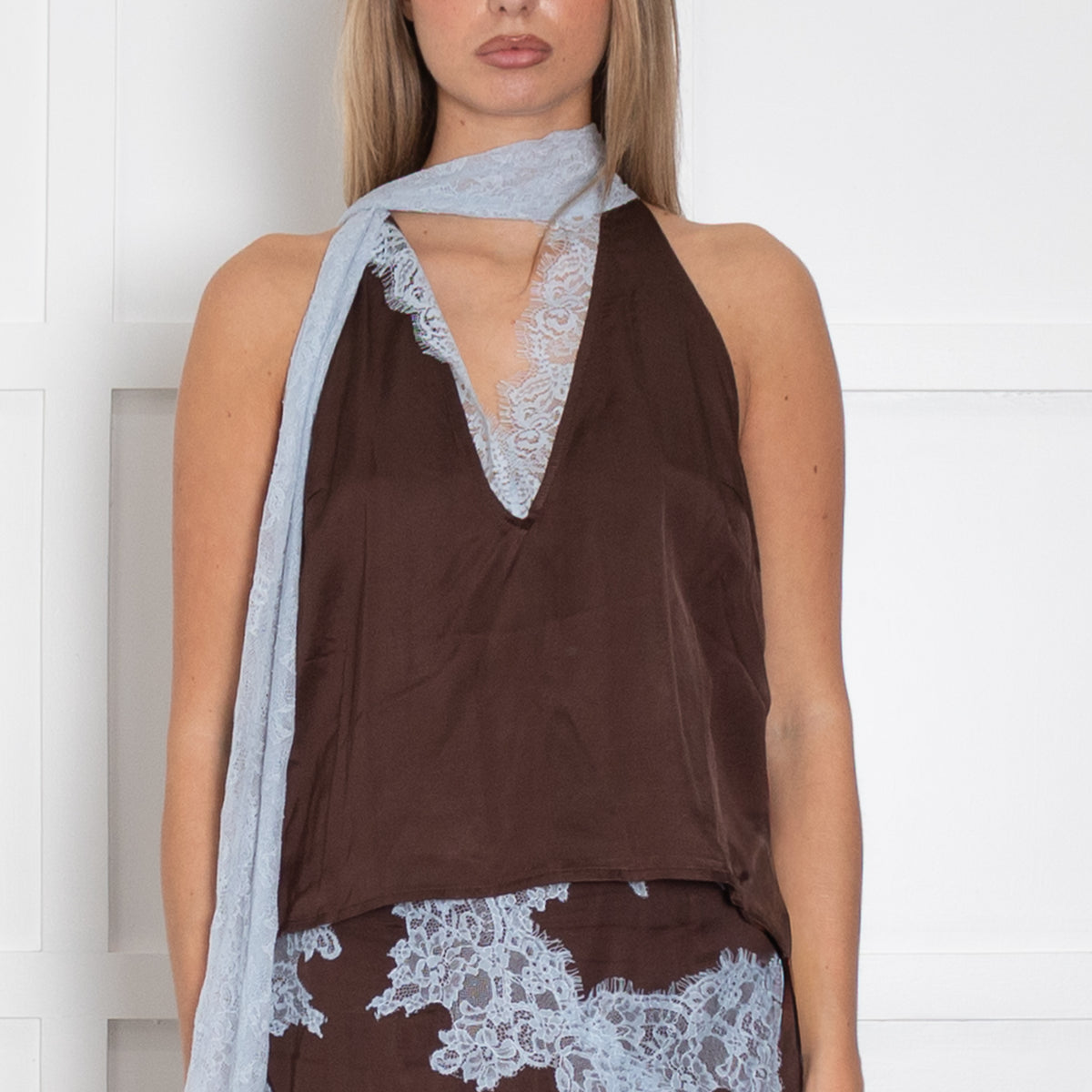 Never Fully Dressed Brown Sleeveless Top With Blue Lace Neck Tie