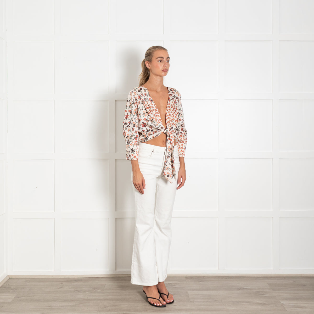 Bash Cream Orange Green Floral Front Tie Top