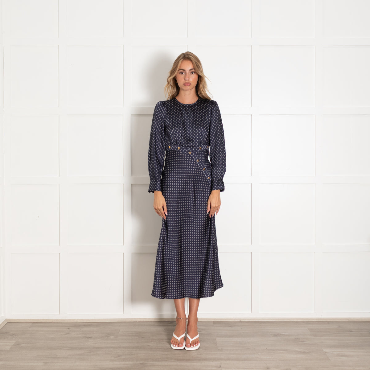 Sandro Navy White Gold Stud Detail Long Sleeve Dress