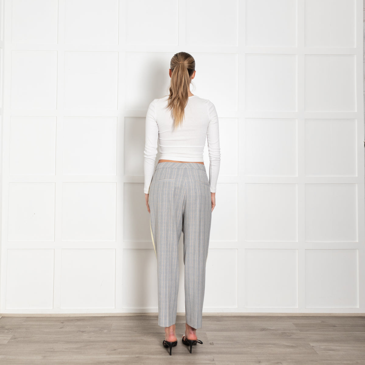 Me + Em Grey Blue Cream Check Yellow Side Stripe Trousers