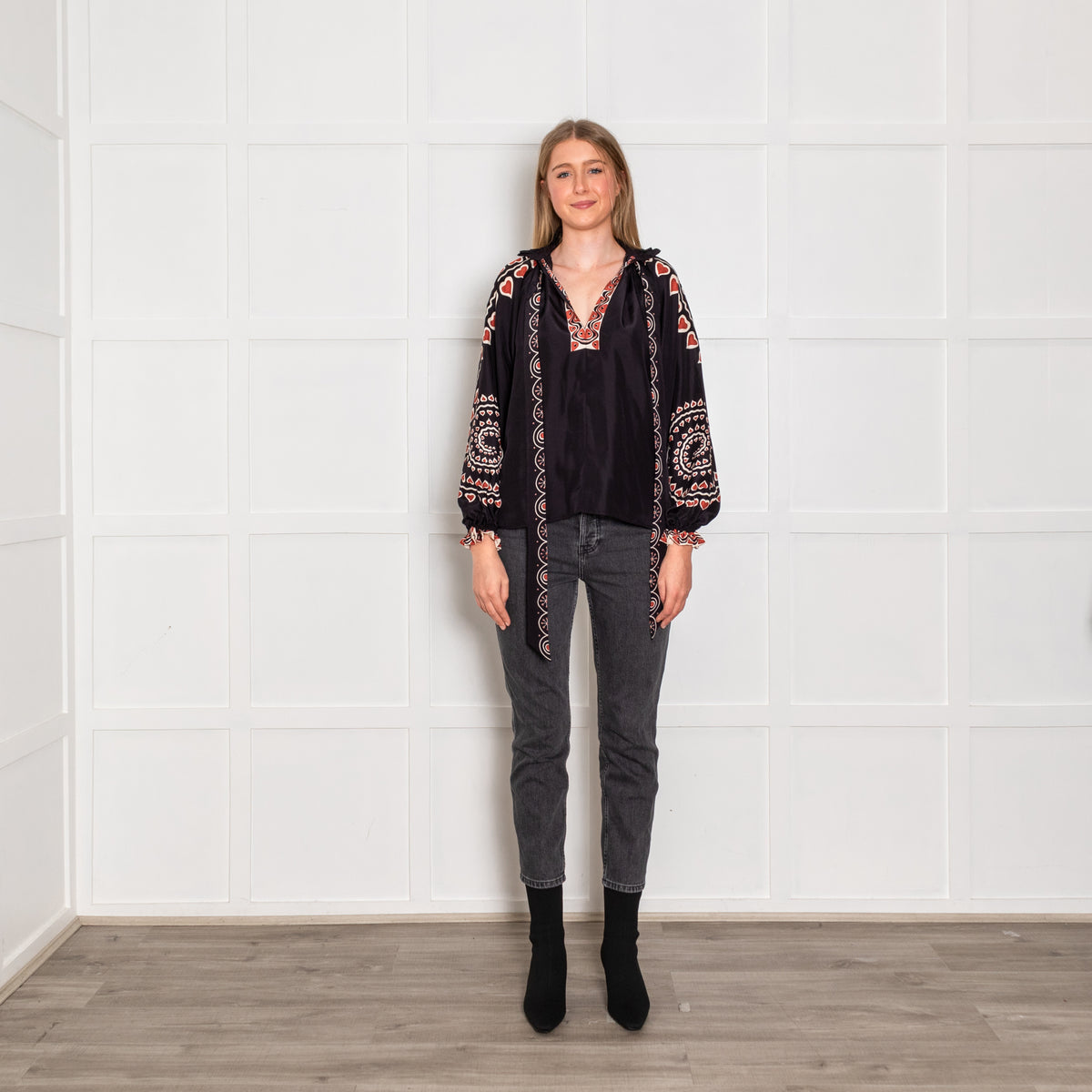 La Double J Black Red Cream Heart Print Silk Top