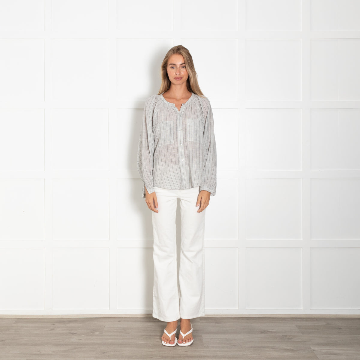 Wrap London Grey Striped Cotton Button-Up Blouse