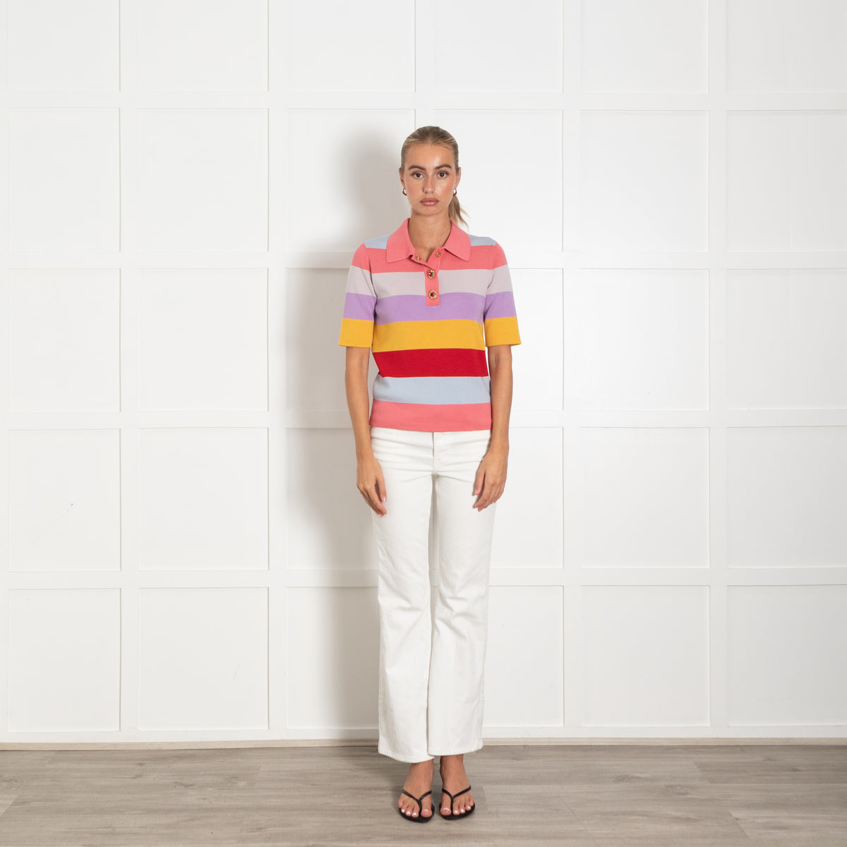 La Double J Coral Lilac Yellow Striped Diamante Button Knit Top