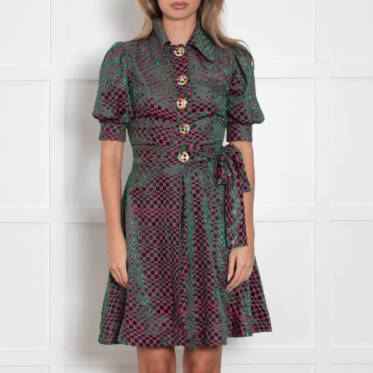 Batsheva Pink Green Devore Embellished Button Wrap Dress