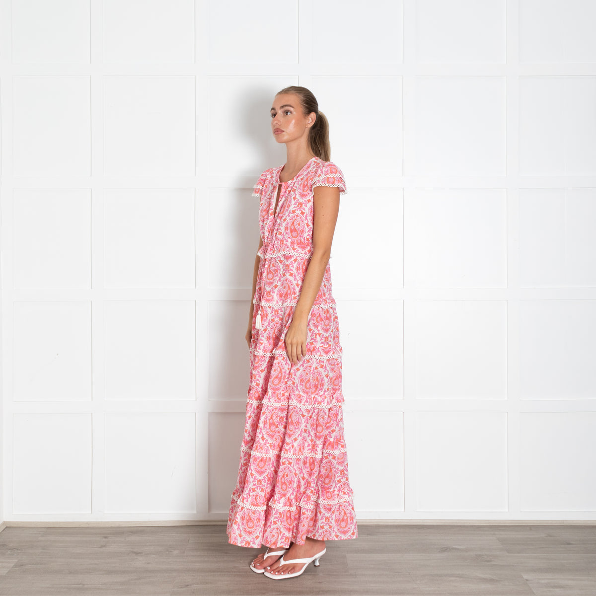Lexy London White Pink Orange Scallop Trim Maxi Dress