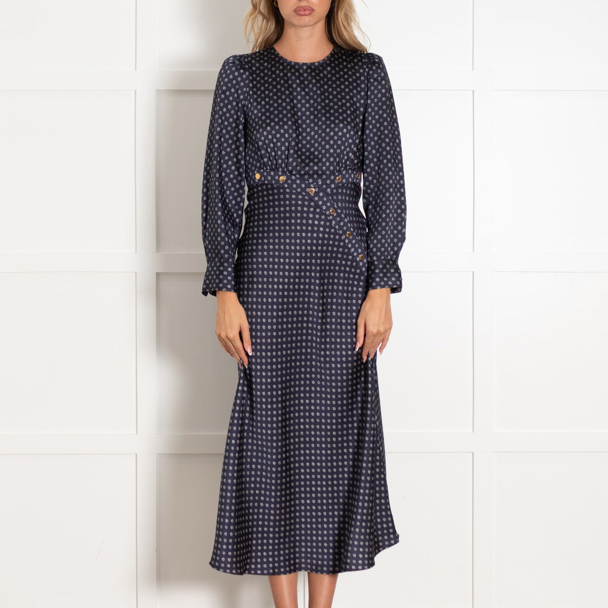 Sandro Navy White Gold Stud Detail Long Sleeve Dress