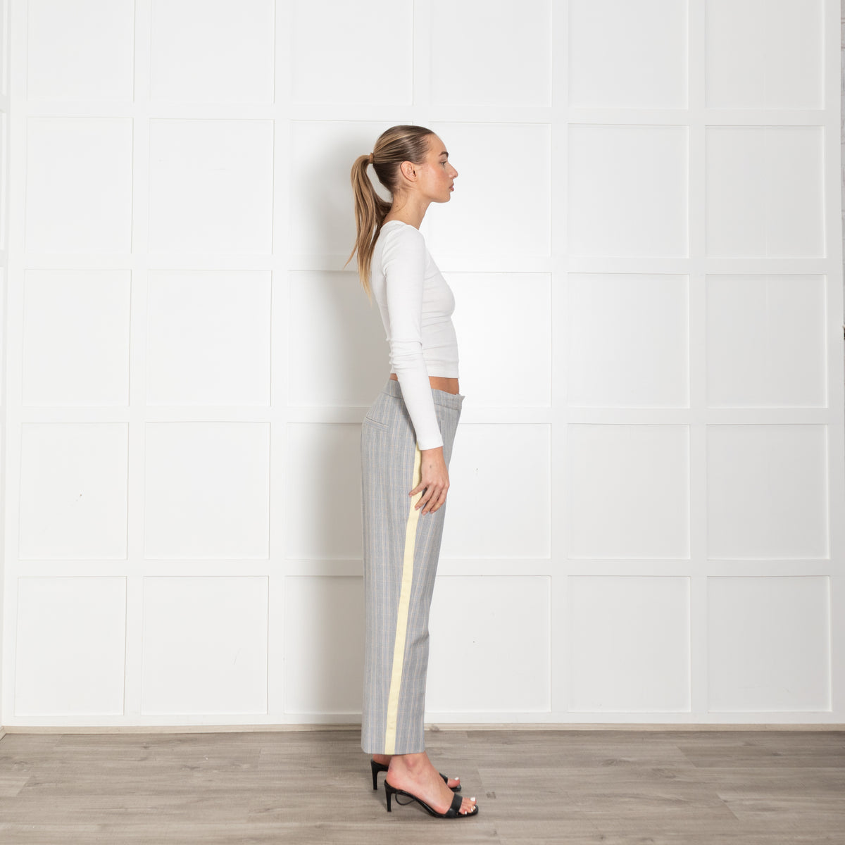 Me + Em Grey Blue Cream Check Yellow Side Stripe Trousers