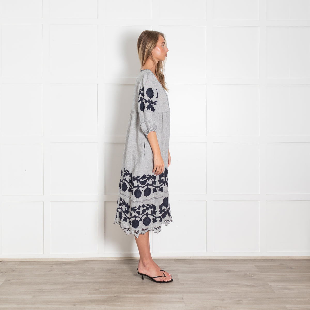 Rose And Rose White Blue Striped Embroidered Linen Midi Dress