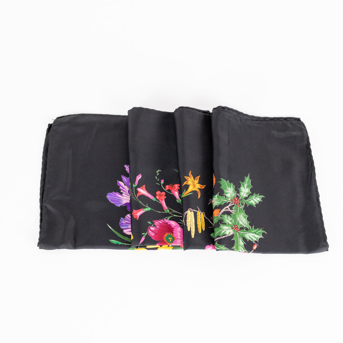 Gucci Black Multi Floral Silk Twill Square Scarf