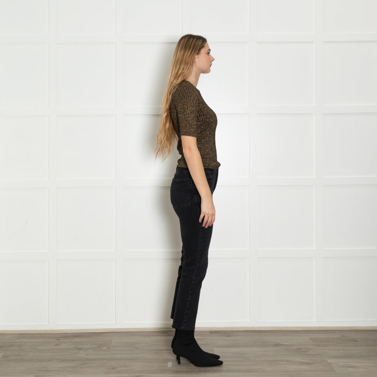 Soeur Brown Gold Lurex Short Sleeved Rib Jumper