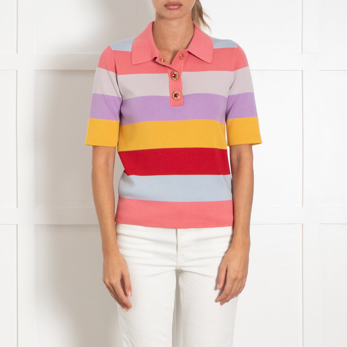 La Double J Coral Lilac Yellow Striped Diamante Button Knit Top