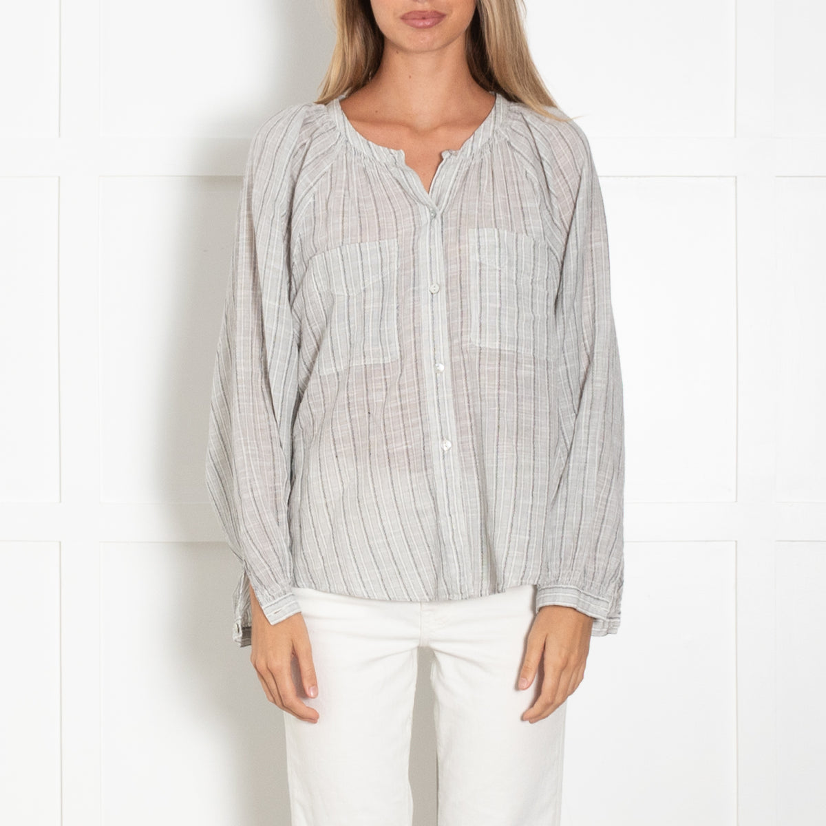 Wrap London Grey Striped Cotton Button-Up Blouse
