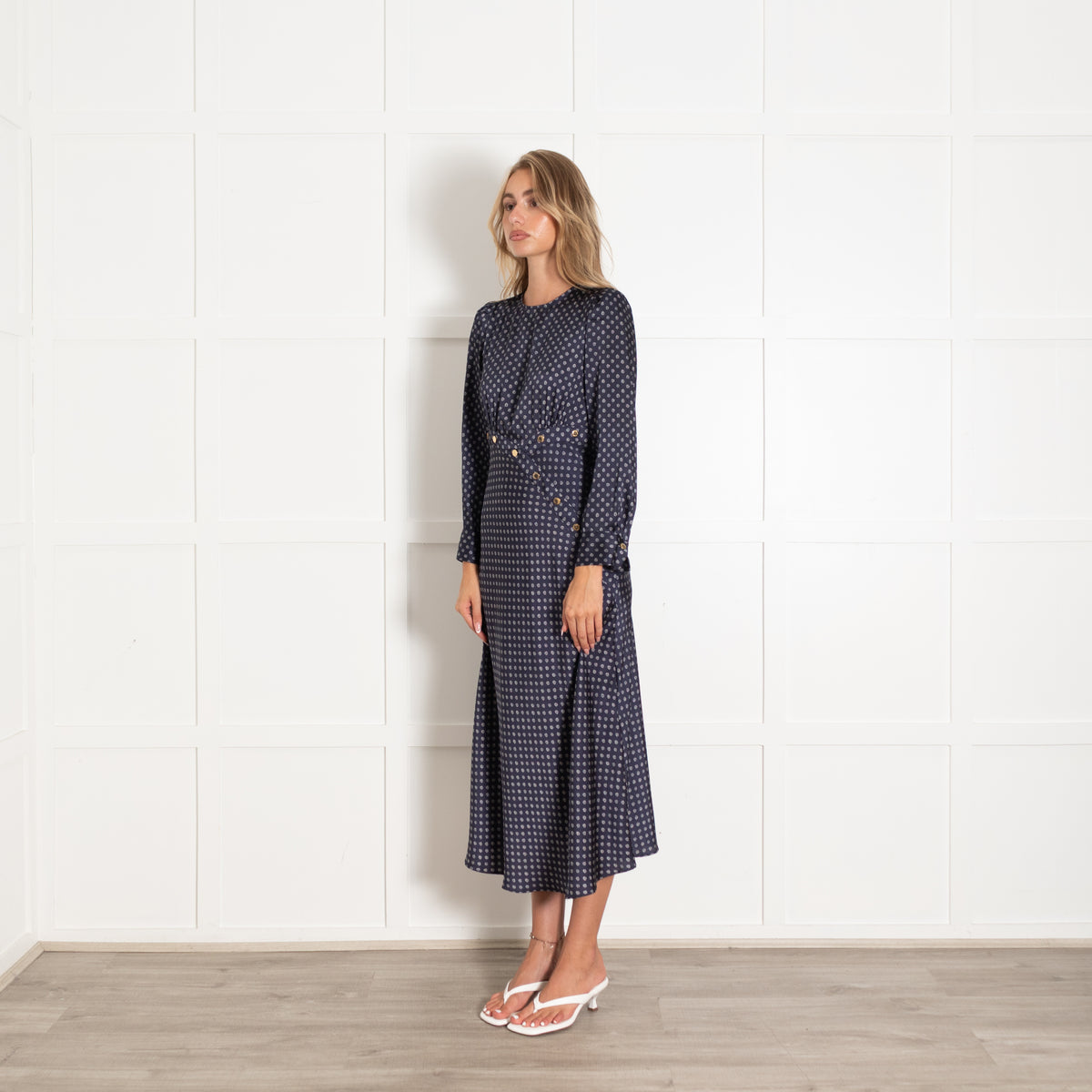 Sandro Navy White Gold Stud Detail Long Sleeve Dress