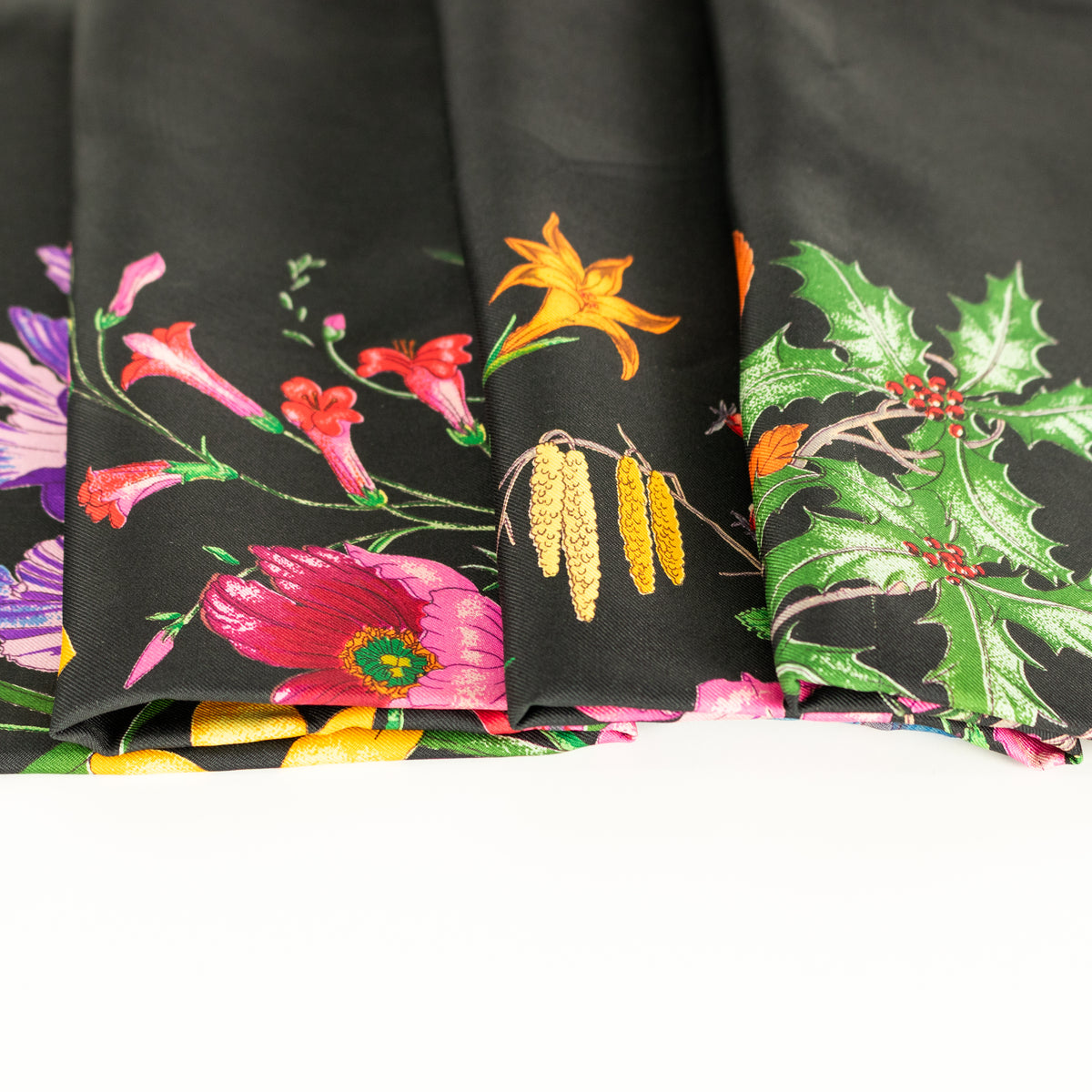 Gucci Black Multi Floral Silk Twill Square Scarf
