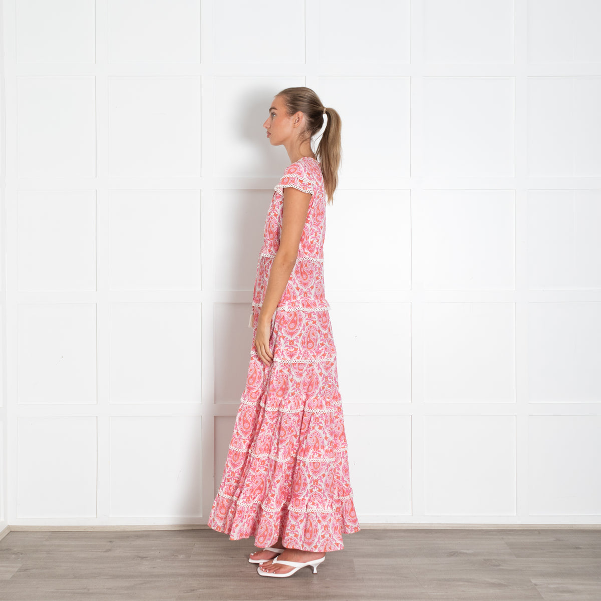 Lexy London White Pink Orange Scallop Trim Maxi Dress