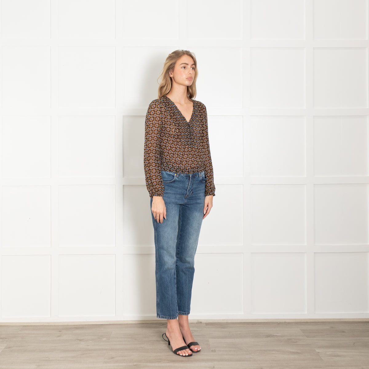 Veronica Beard Black Tan White Print Sheer V-Neck Top