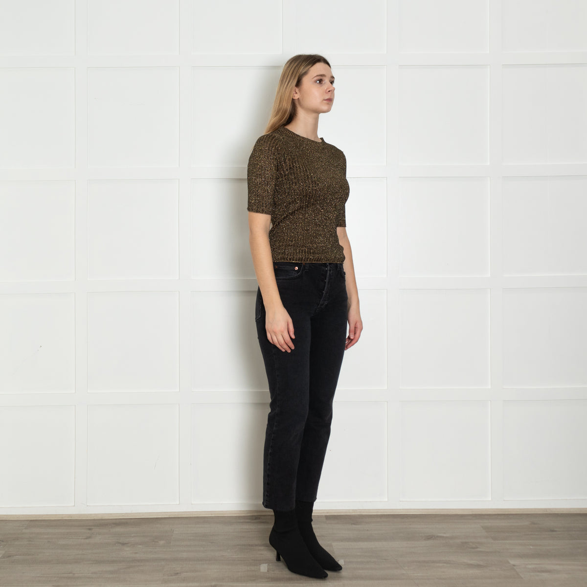 Soeur Brown Gold Lurex Short Sleeved Rib Jumper