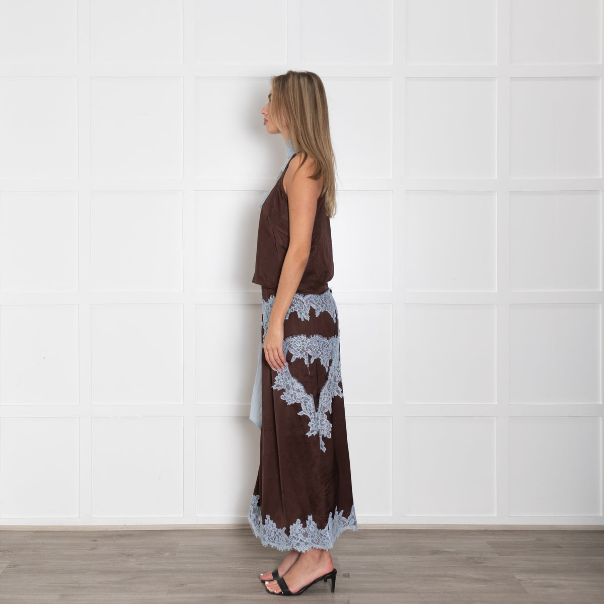 Never Fully Dressed Brown Sleeveless Top With Blue Lace Neck Tie