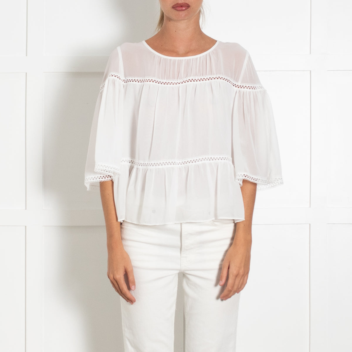 Max Studio White Sheer Tiered Blouse