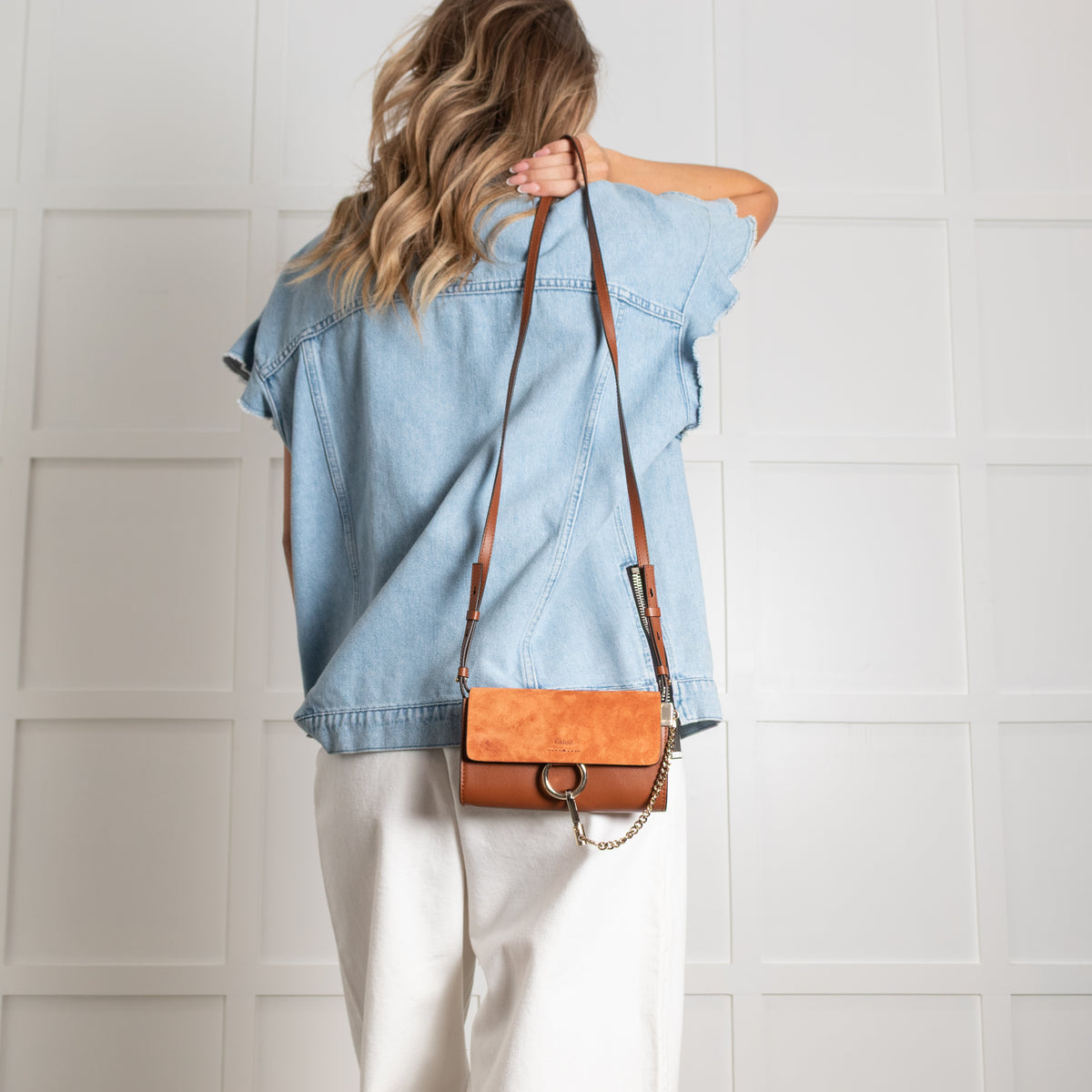 Chloe Faye Wallet on Chain in Rich Tan Suede