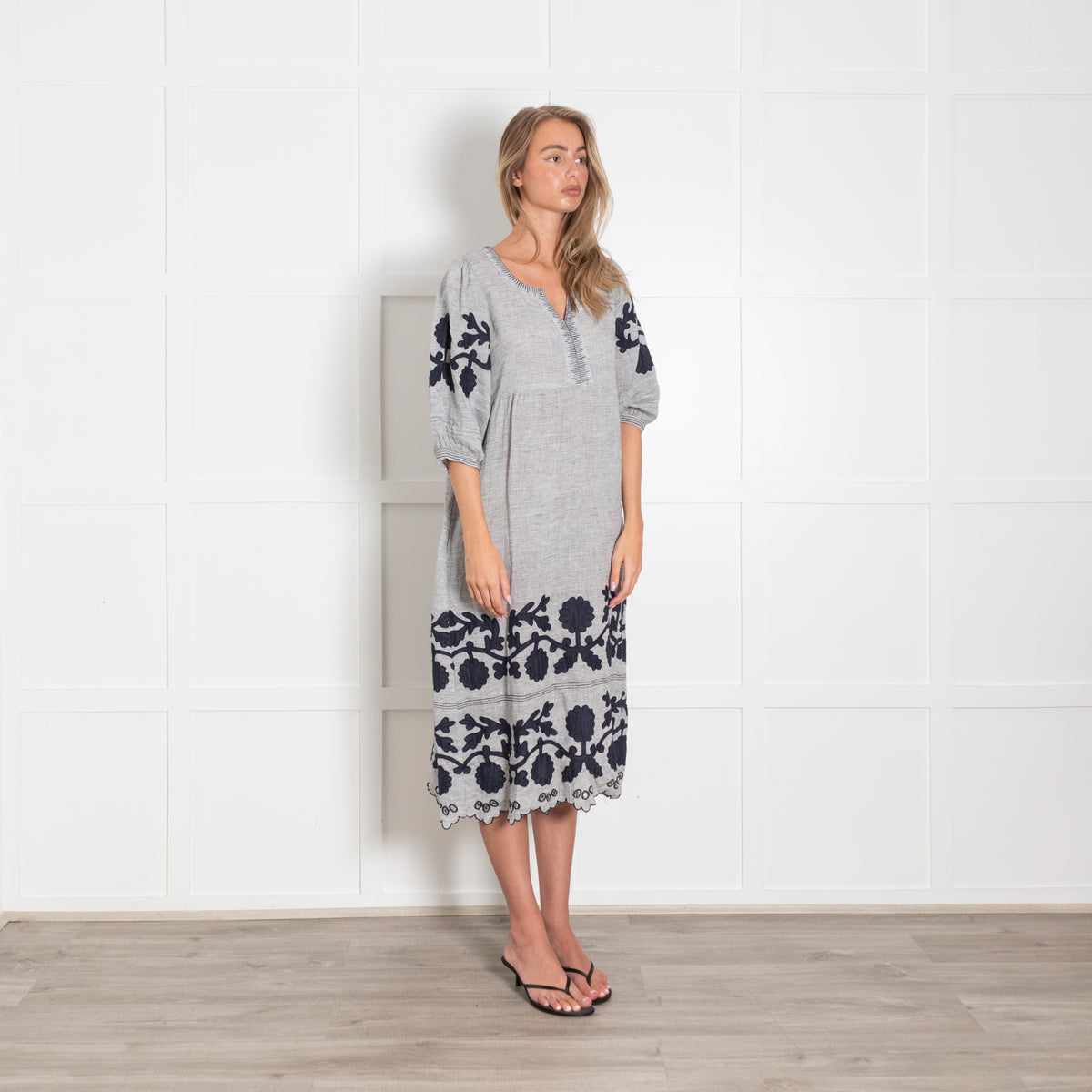 Rose And Rose White Blue Striped Embroidered Linen Midi Dress