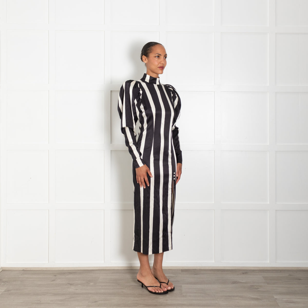 Rotate Birger Christensen Theresa Black & White Striped Dress With Puffed Sleeves