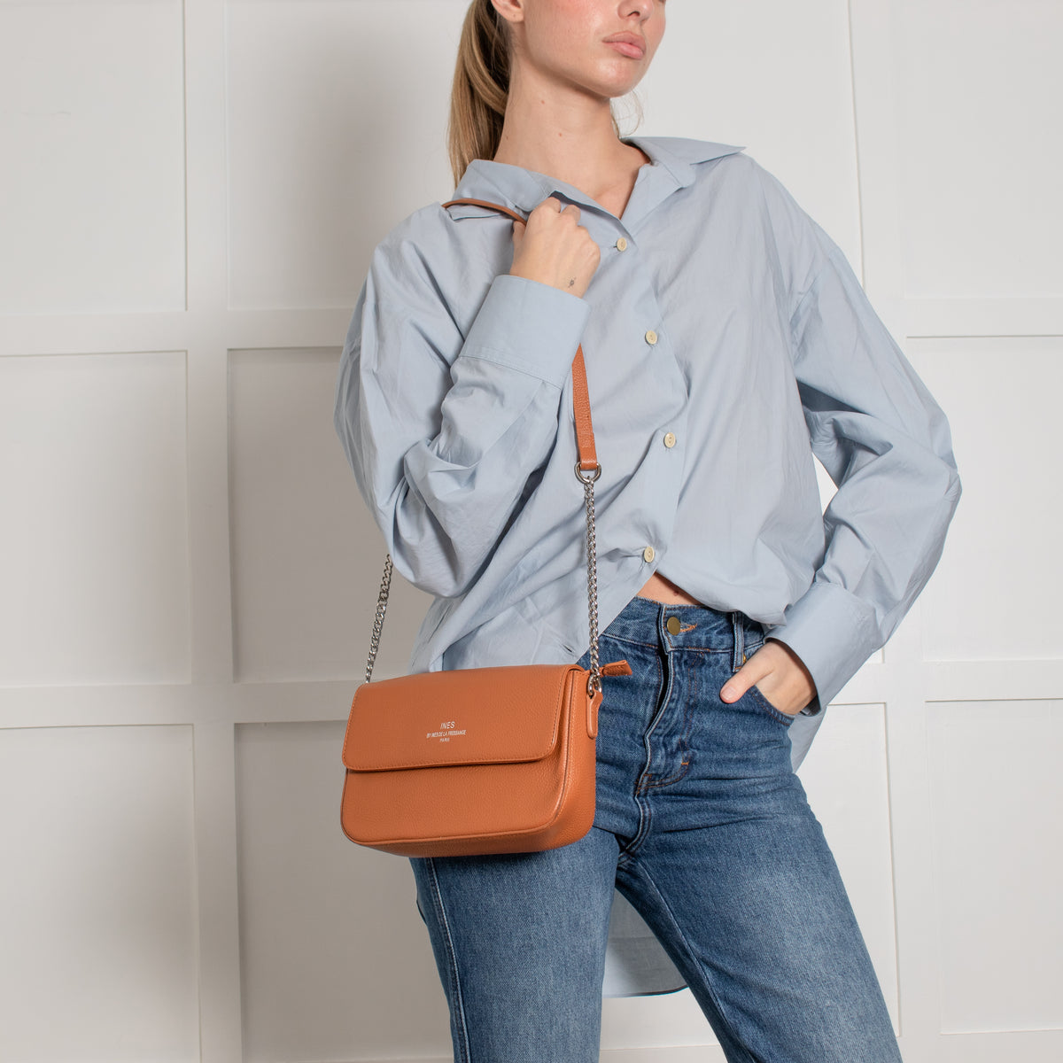 Ines De La Fressange Tan Grainy Leather Crossbody Bag