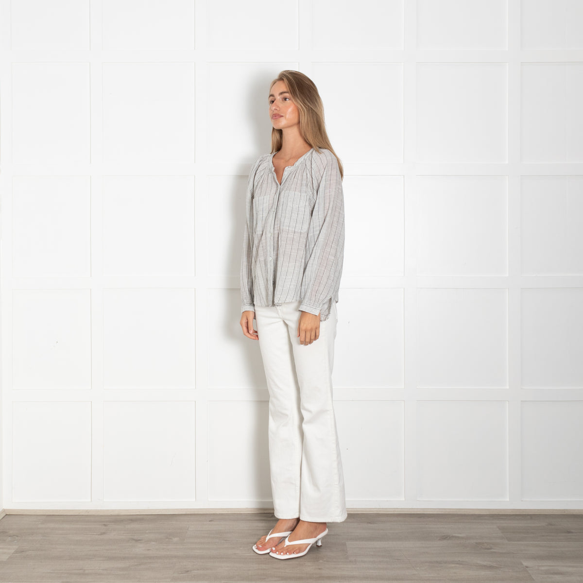 Wrap London Grey Striped Cotton Button-Up Blouse