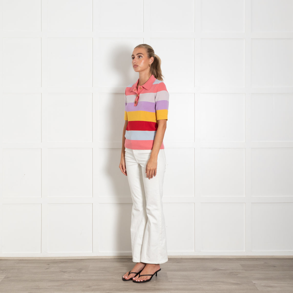 La Double J Coral Lilac Yellow Striped Diamante Button Knit Top