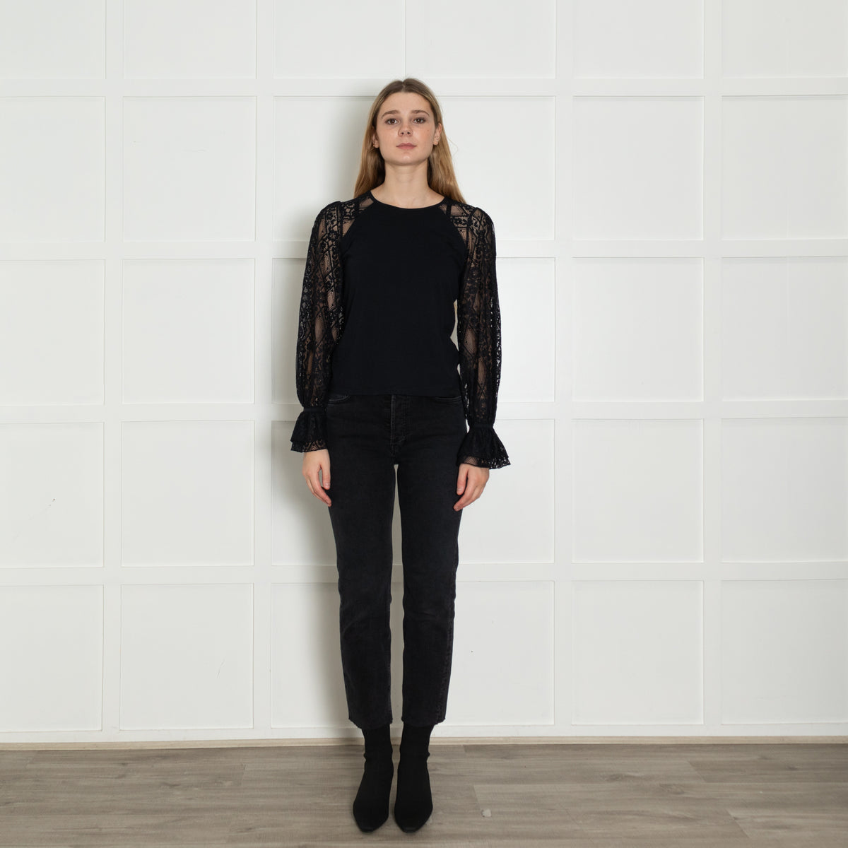 Me+Em Navy Blue Cotton Jersey Blend Lace Sleeve Top