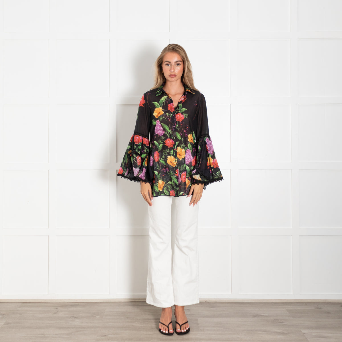 Charo Ruiz Black Floral Blouse With Lace Trim Bell Sleeves