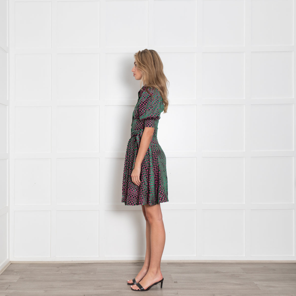 Batsheva Pink Green Devore Embellished Button Wrap Dress
