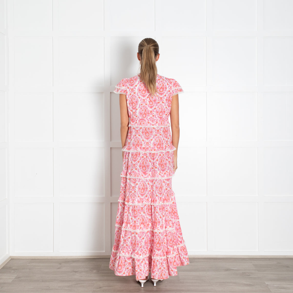 Lexy London White Pink Orange Scallop Trim Maxi Dress