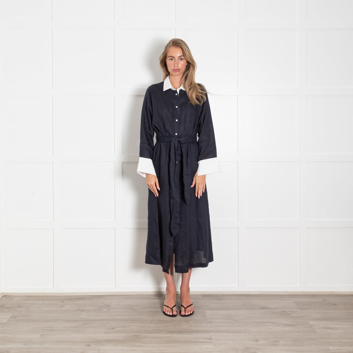 Whyci Navy Blue Linen White Trim Button Up Long Belted Dress