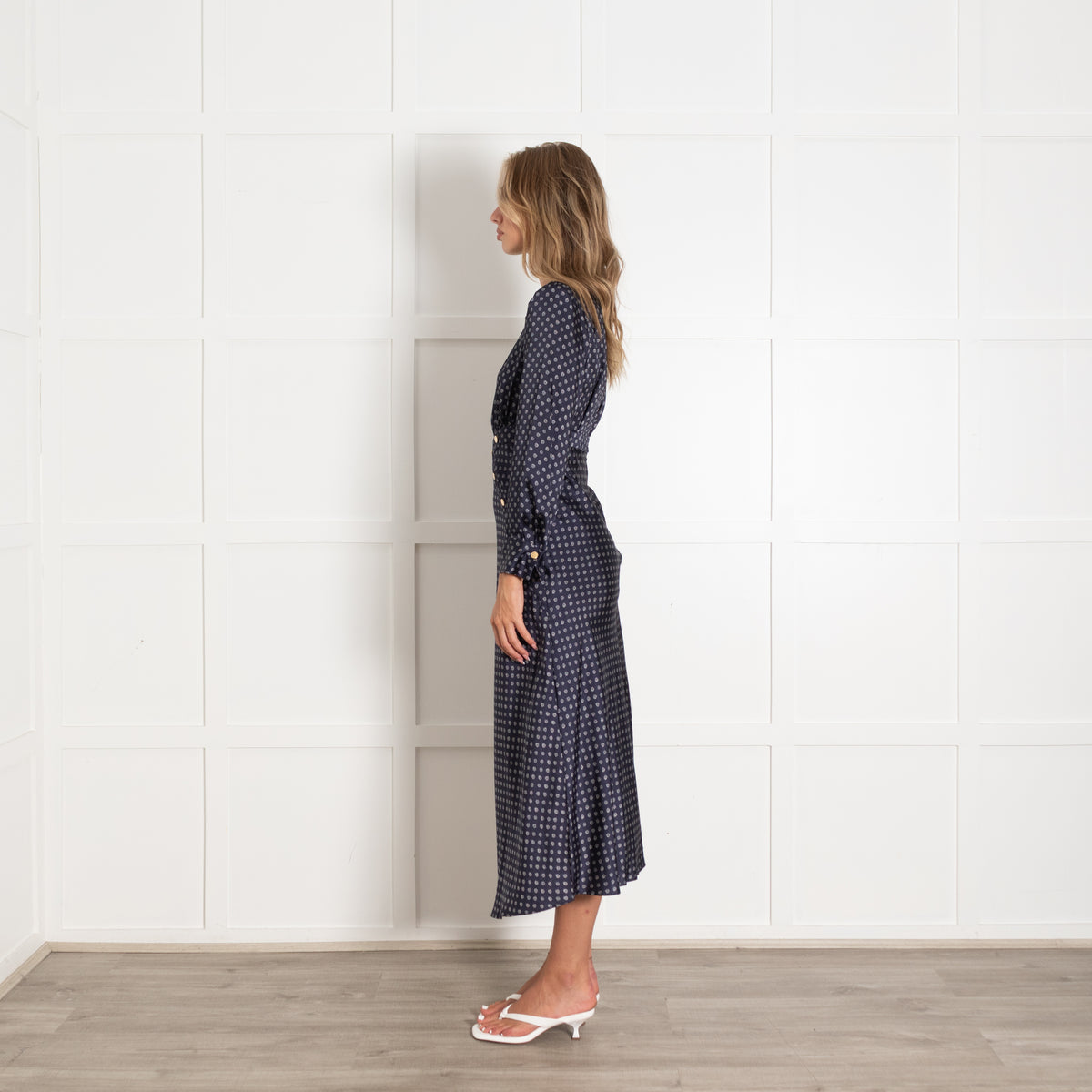 Sandro Navy White Gold Stud Detail Long Sleeve Dress