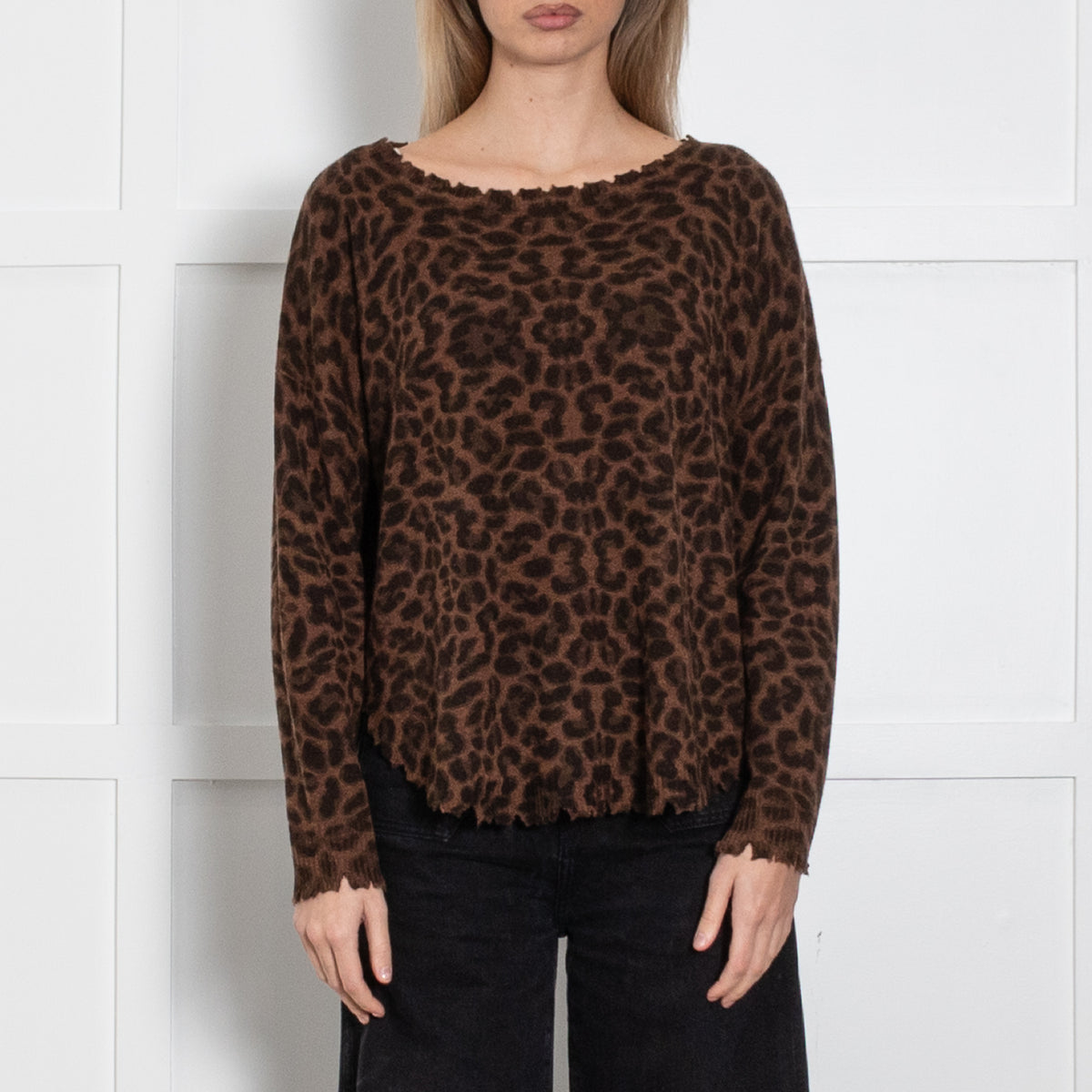 Kujten Brown Leopard Print Distresed Edge Jumper