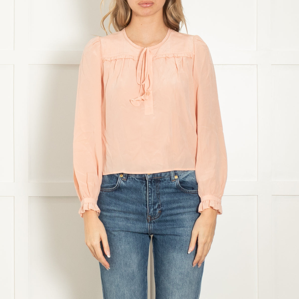 Joie Peach Silk Long Sleeve Frill Trim Blouse