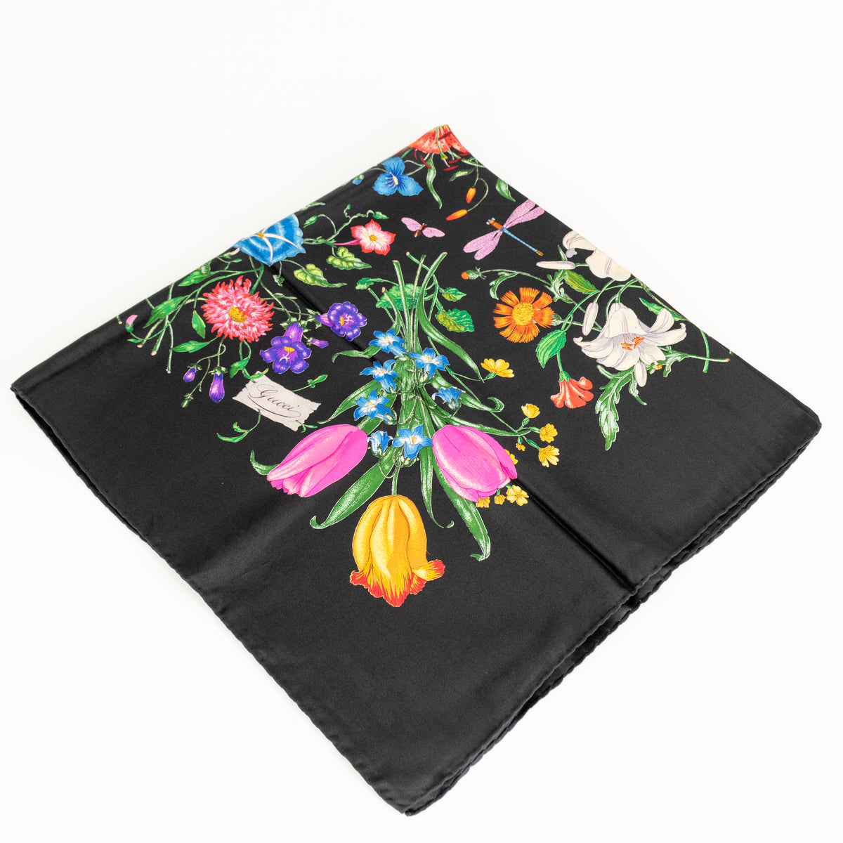 Gucci Black Multi Floral Silk Twill Square Scarf
