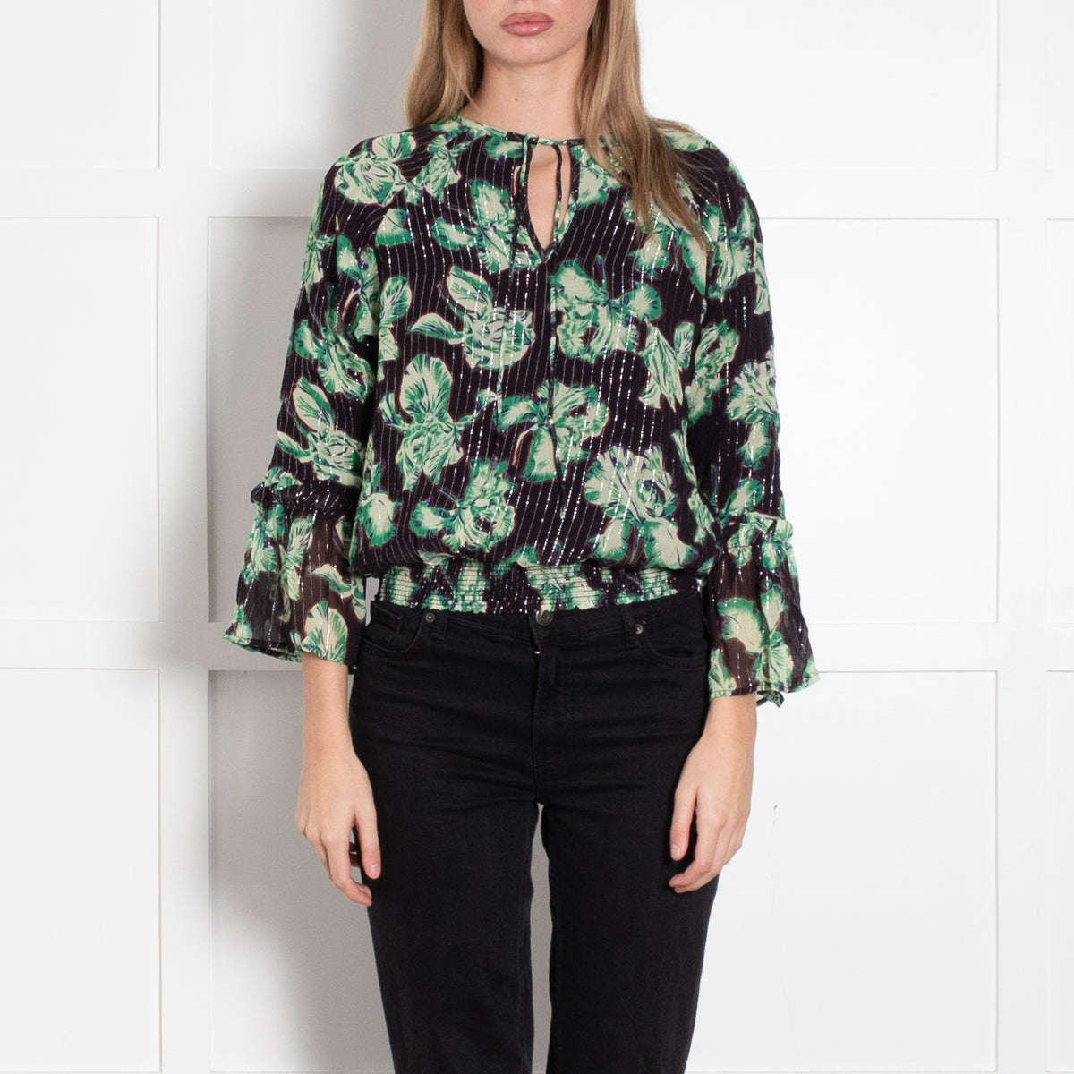 Iris Black Green Floral Silver Thread Detail Top