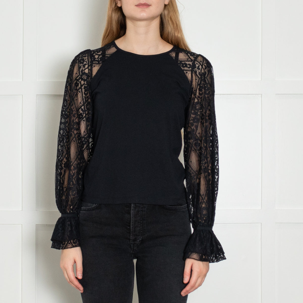 Me+Em Navy Blue Cotton Jersey Blend Lace Sleeve Top