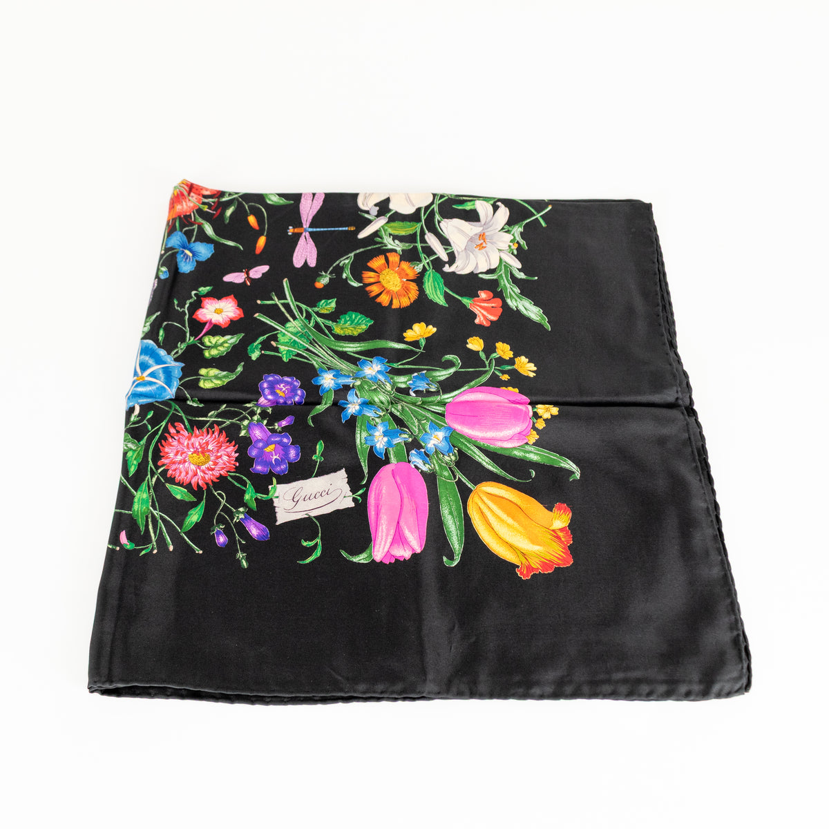 Gucci Black Multi Floral Silk Twill Square Scarf