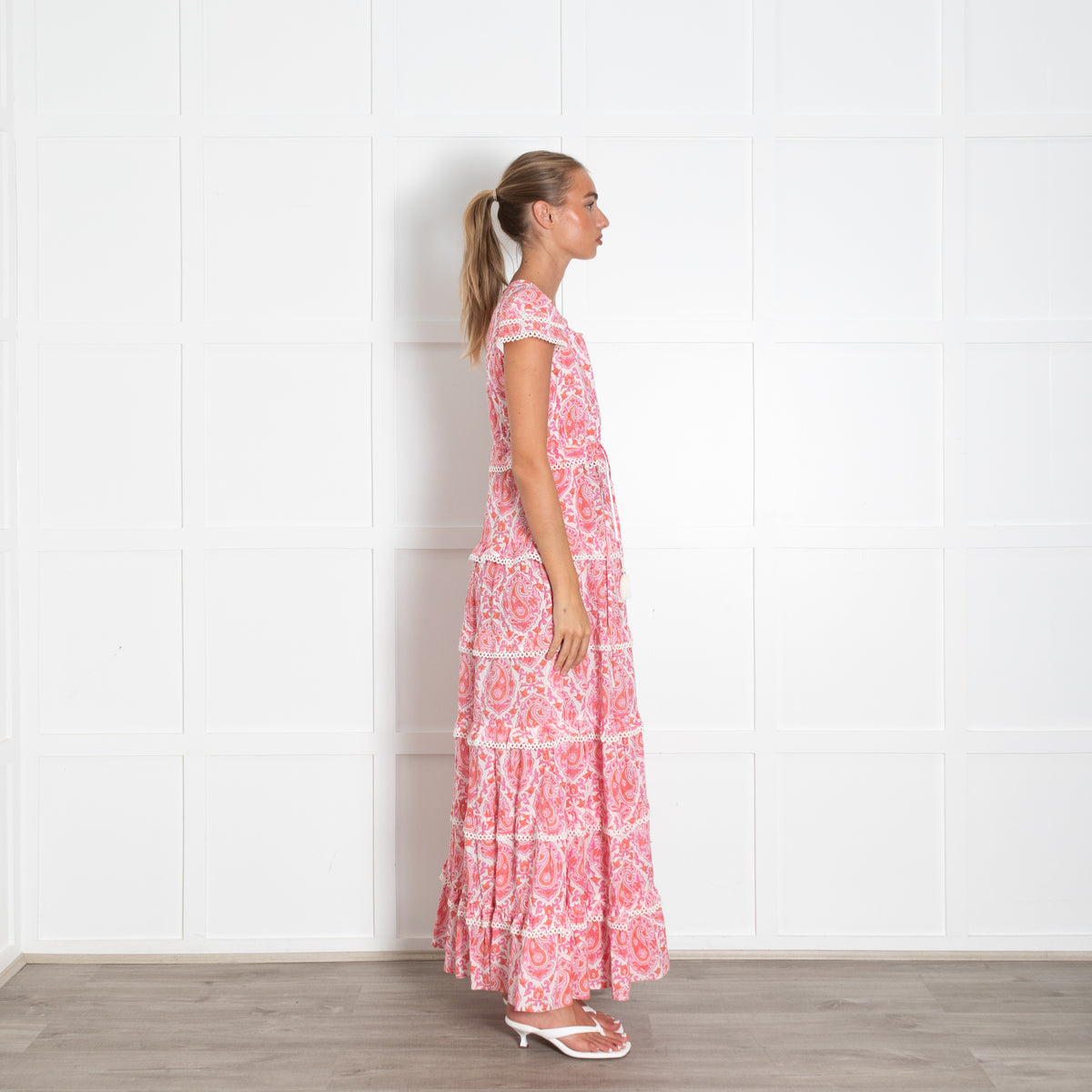 Lexy London White Pink Orange Scallop Trim Maxi Dress