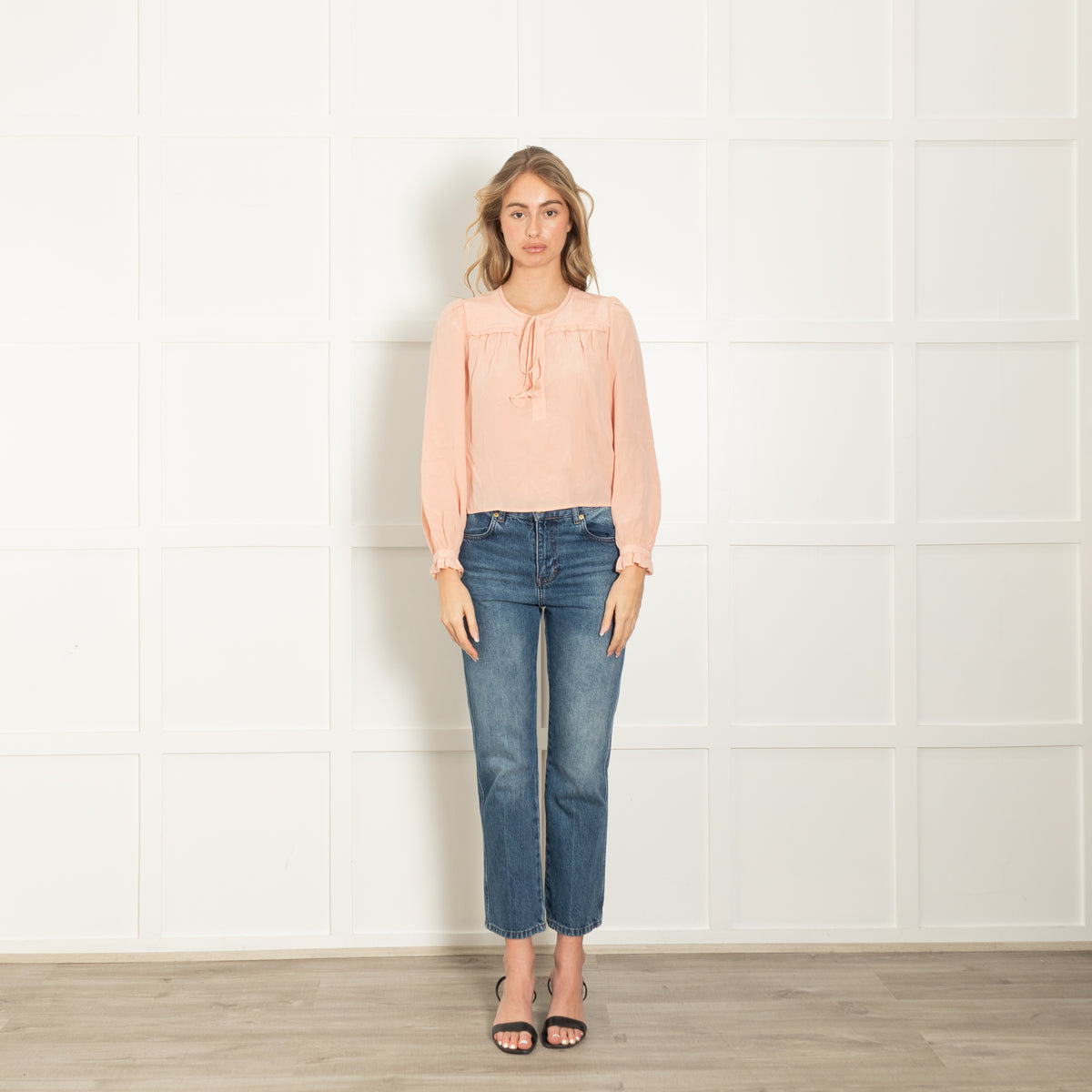 Joie Peach Silk Long Sleeve Frill Trim Blouse