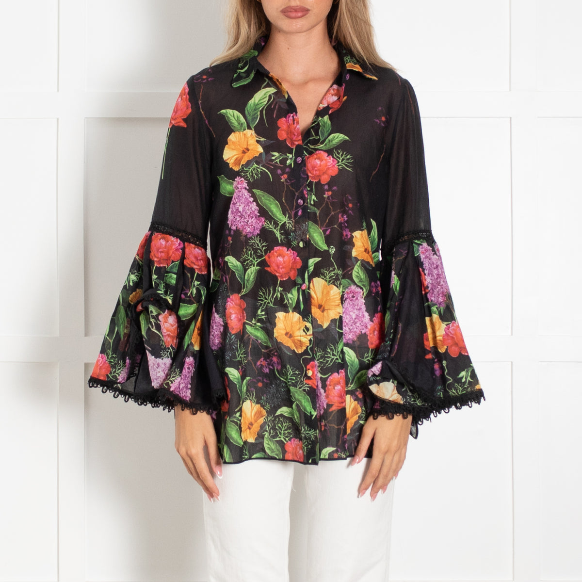 Charo Ruiz Black Floral Blouse With Lace Trim Bell Sleeves