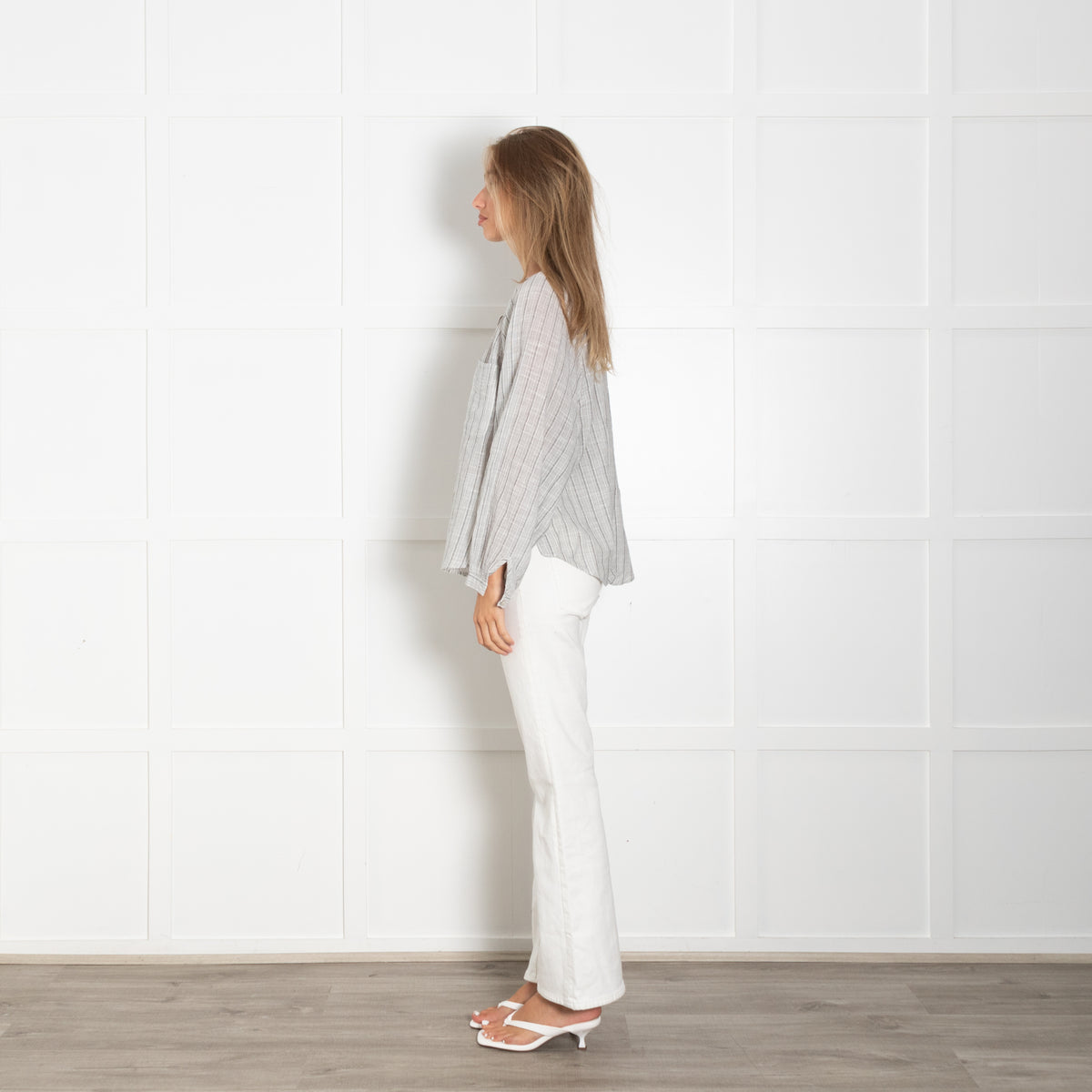 Wrap London Grey Striped Cotton Button-Up Blouse